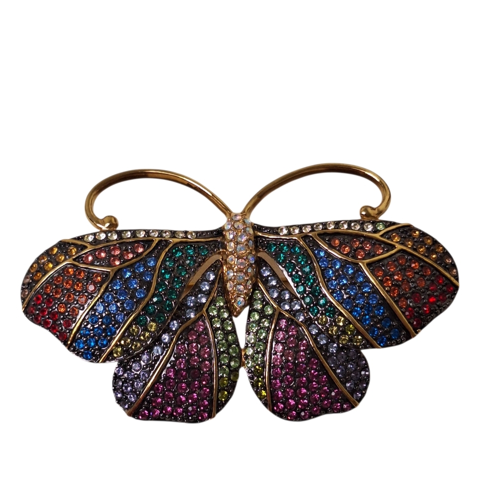 Vtg Joan Rivers Gold Tone Multicolor Crystal Butterfly Brooch Pin 2.75"